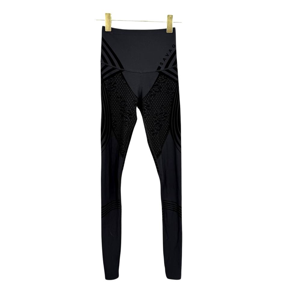 Savage x Fenty Sexy Black Velvet Contrast Floral Lace Fishnet Print Leggings